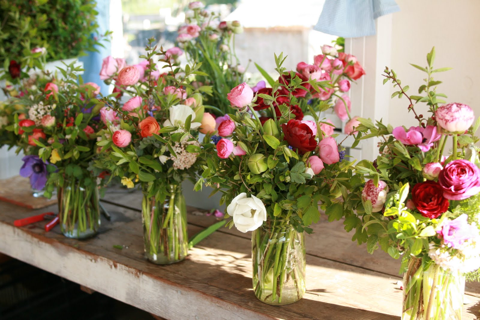 Bouquets of flowers in vases