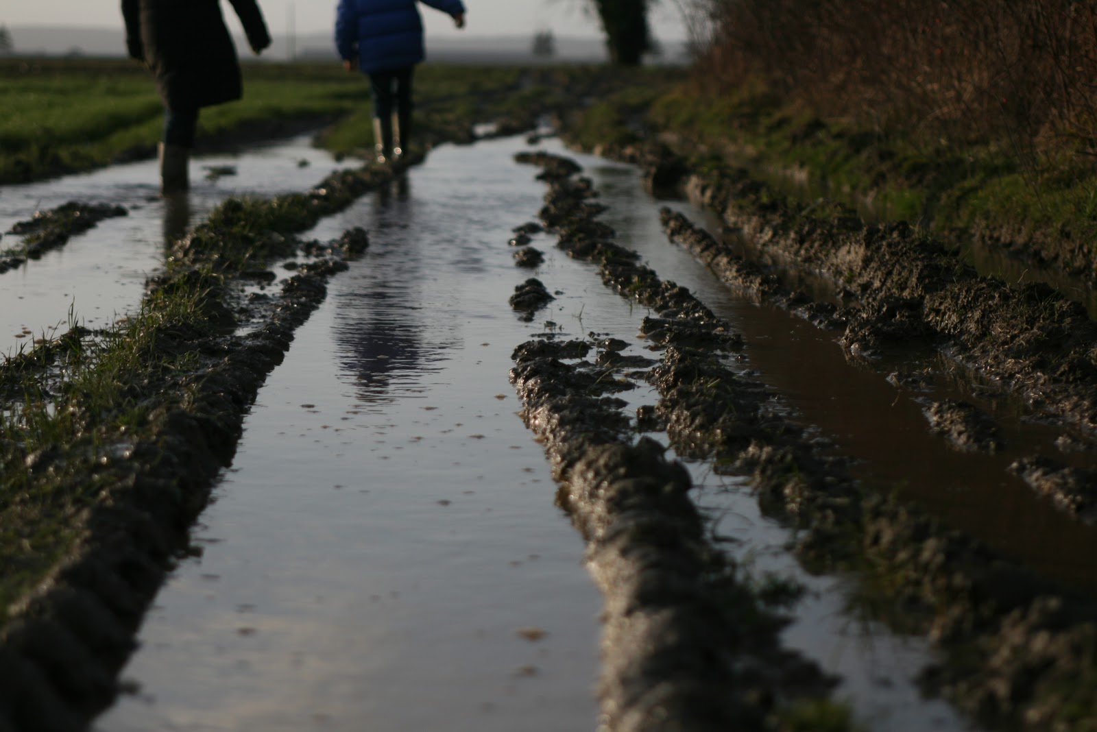 Children walking through a muddy field