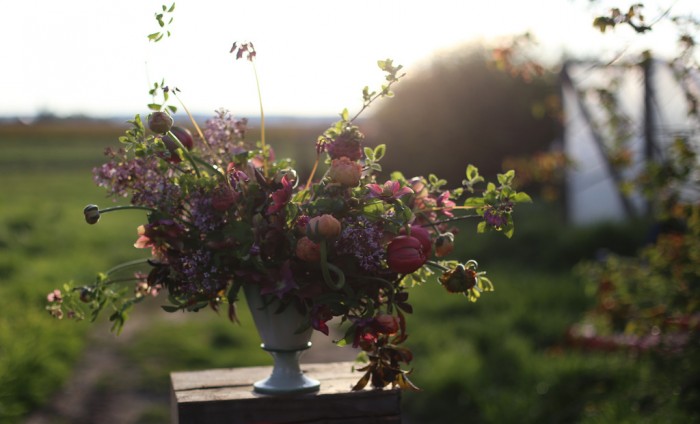 bouquet including: hellebores, peony tulips, ranunculus, wild bleeding hearts, akebia vine, Chinese lilacs and black elderberry foliage