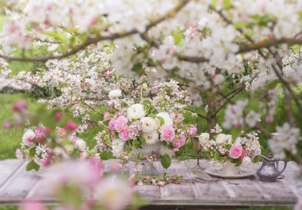 Seasonal bouquets surrounded by crab apple blossoms