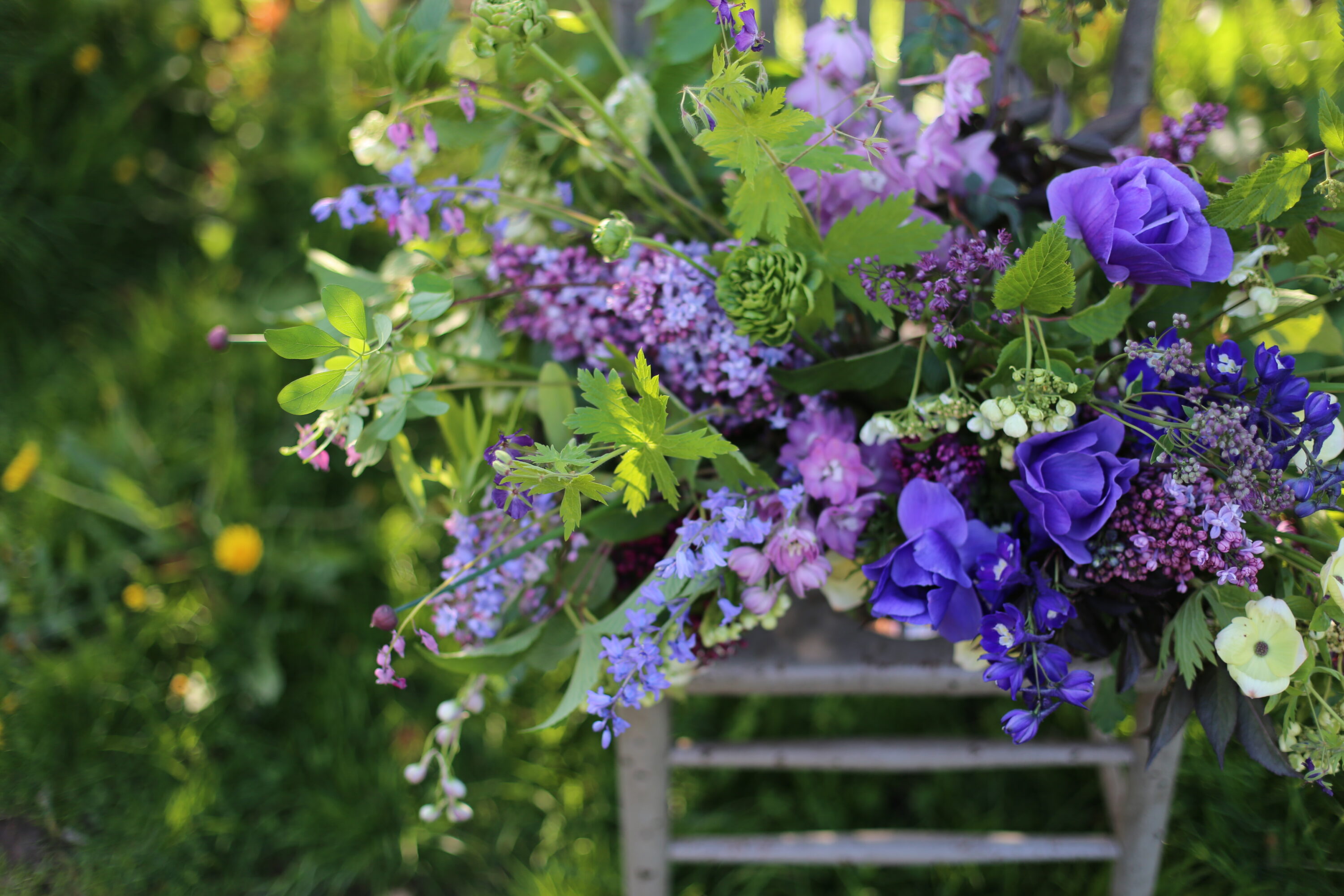 A bouquet of blue and purple flowers