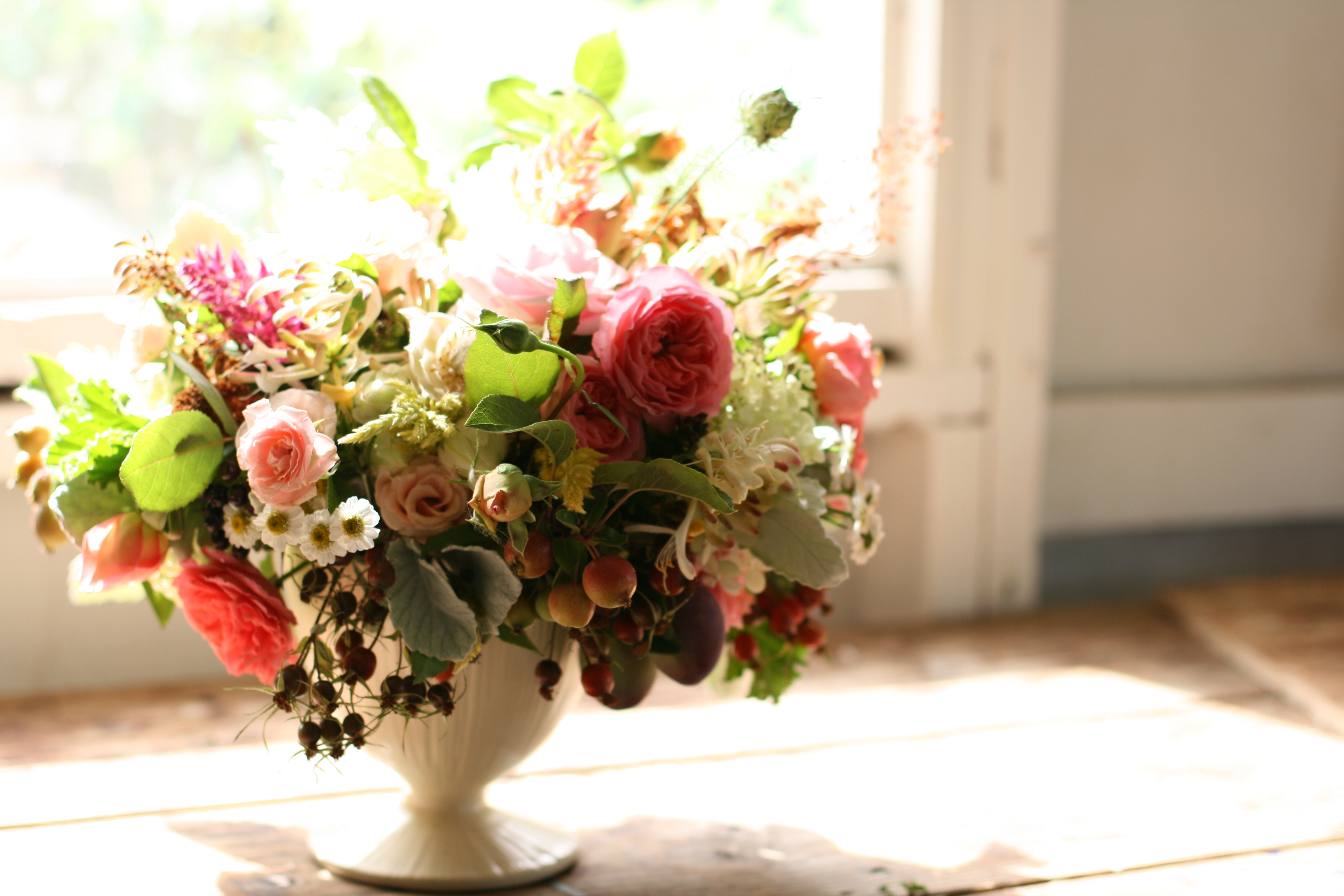 Floret. Seasonal Summer Floral Arrangements. Small Tabletop Floral Arrangements. Summer Seasonal Flower Centerpieces.