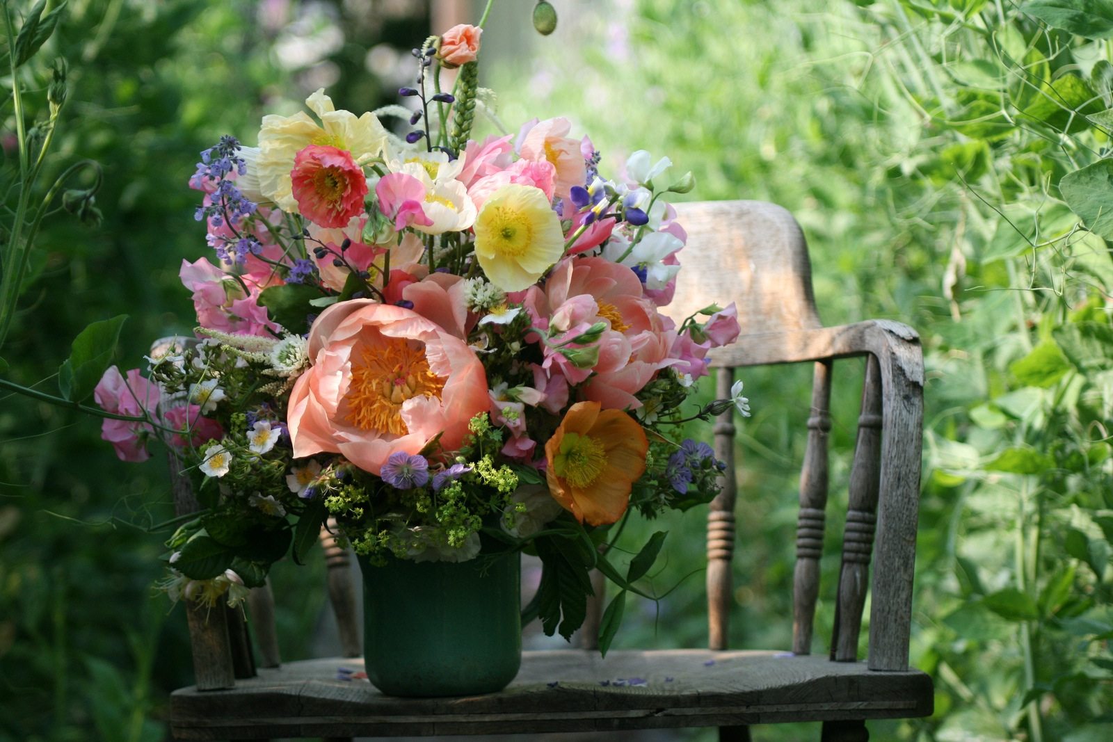 A flower arrangement on a chair