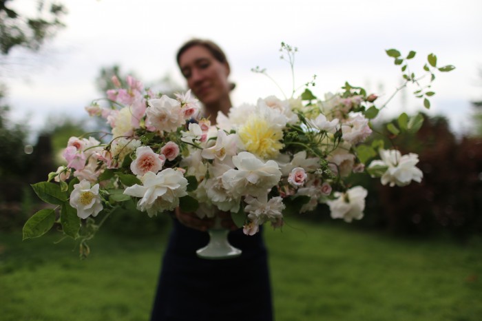 Bouquet includes: peonies, garden roses, viburnum, sweet peas and crambe.