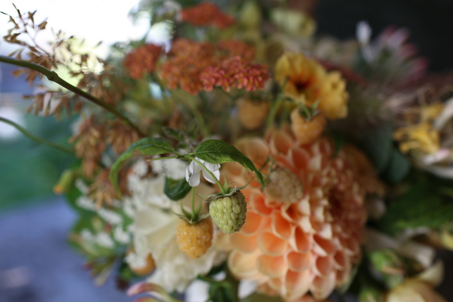 Raspberries in a flower arrangement