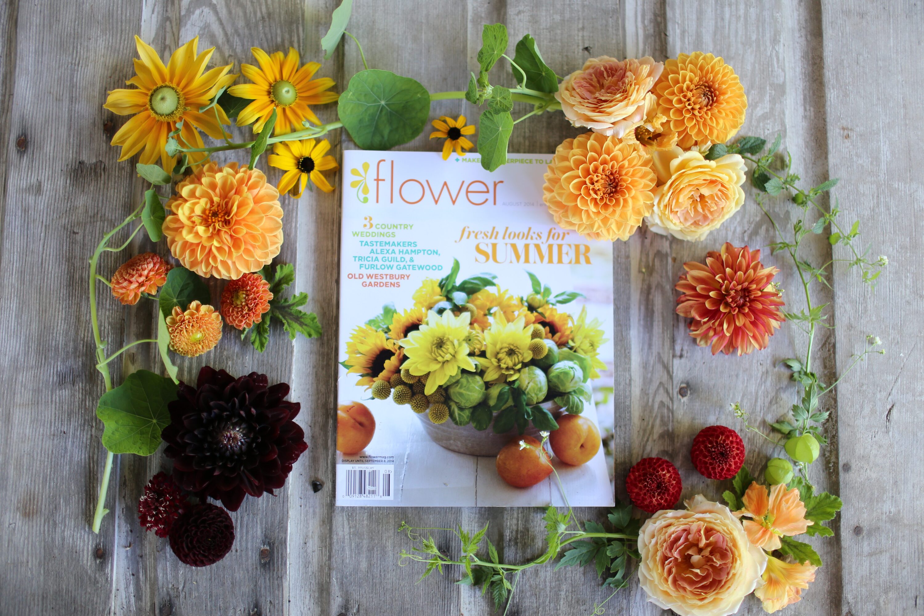 Flower magazine surrounded by flowers