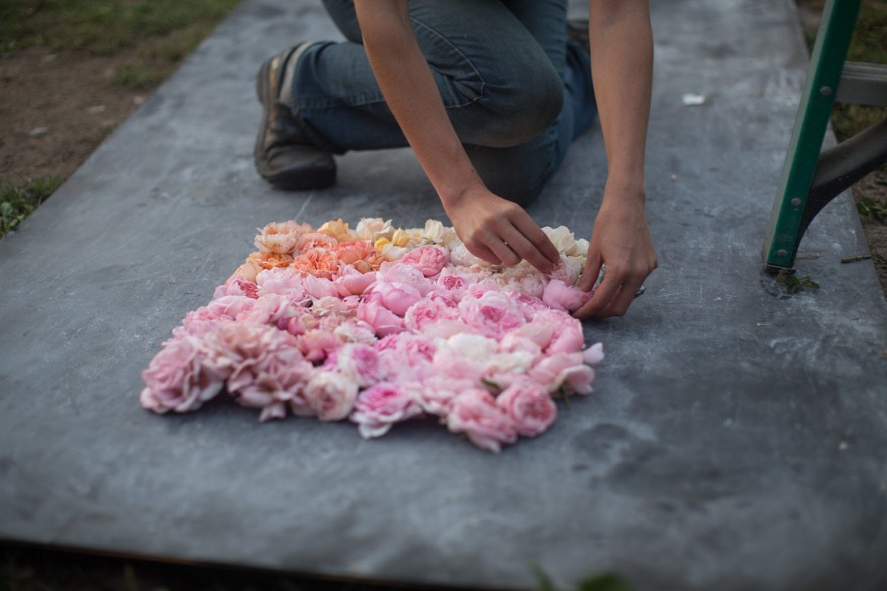 Erin Benzakein arranging flowers on the ground