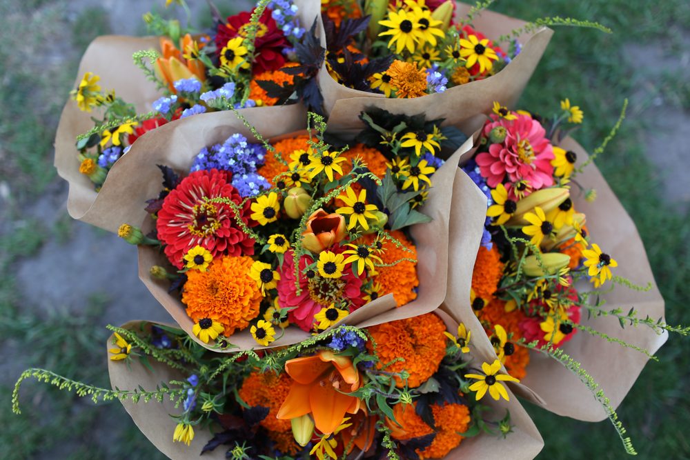 Market bouquets wrapped in paper