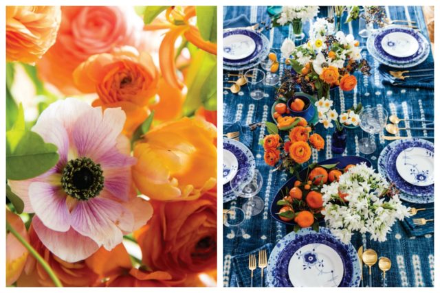 Citrus flowers and cobalt blue tablecloth