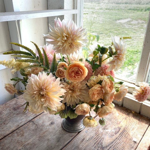 A Year in Flower bouquet with dahlias and roses