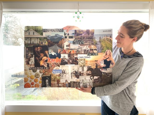 Erin Benzakein holding a vision board