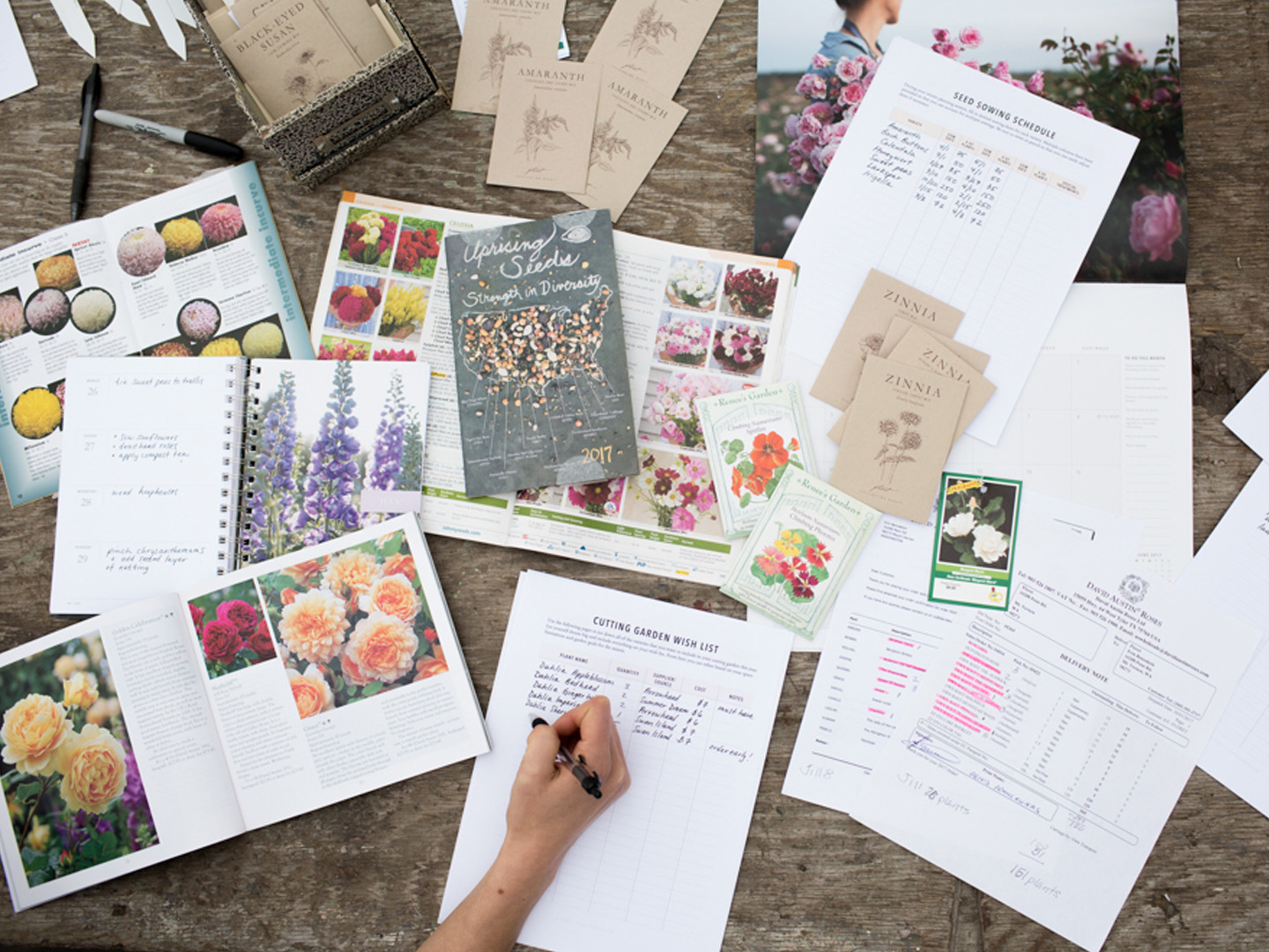 Seeds and garden planning materials laid out on a table