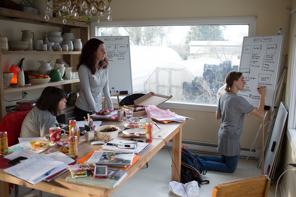 Erin Benzakein, Jill Jorgensen and Susan Studer King work to create the Floret Online Workshop