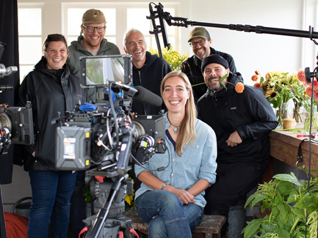Erin Benzakein, Jill Jorgensen, and Blue Chalk Media smiling with filming equipment