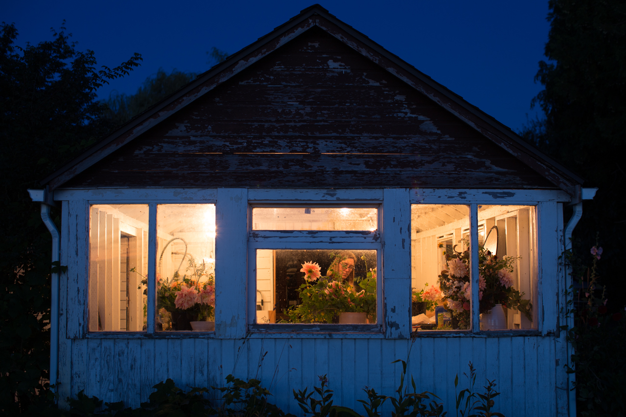 Erin Benzakein working late in the studio at Floret