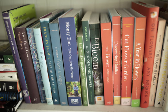 Closeup of Floret's favorite books on a shelf