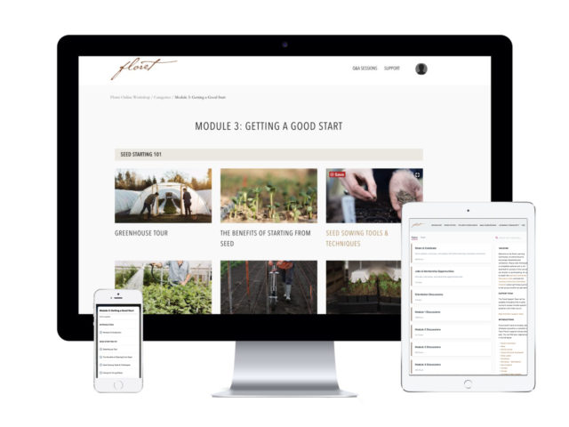 Floret Online Workshop platform on desktop, tablet, and mobile devices