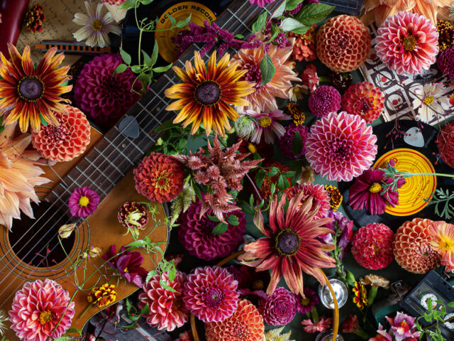 Overhead shot of a guitar, keyboard, records, and cassette tapes surrounded by colorful flowers.