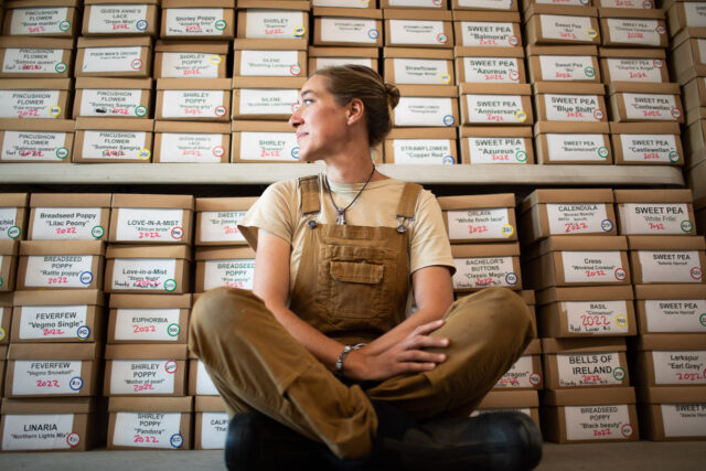 Erin Benzakein wearing brown Dovetail Workwear overalls