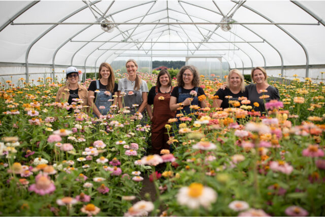 Members of Team Floret in the greenhouse with the team from Dovetail