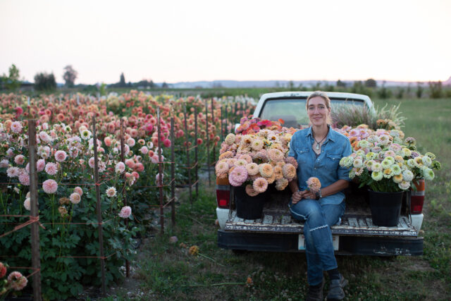 Erin Benzakein in the back of the Floret truck surrounded by buckets of breeding varieties