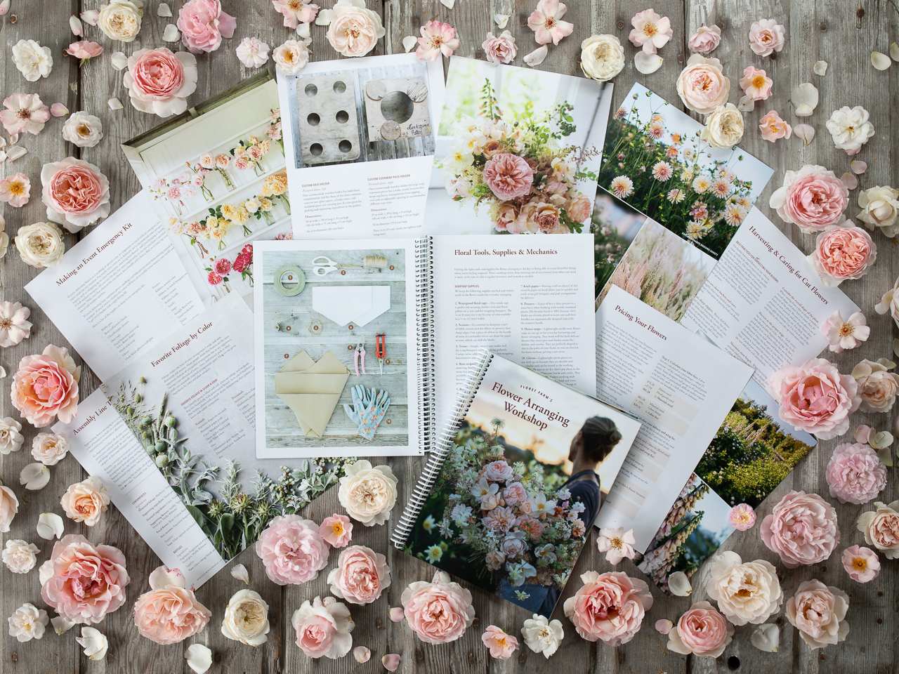Overhead of the Flower Arranging Workshop course book materials