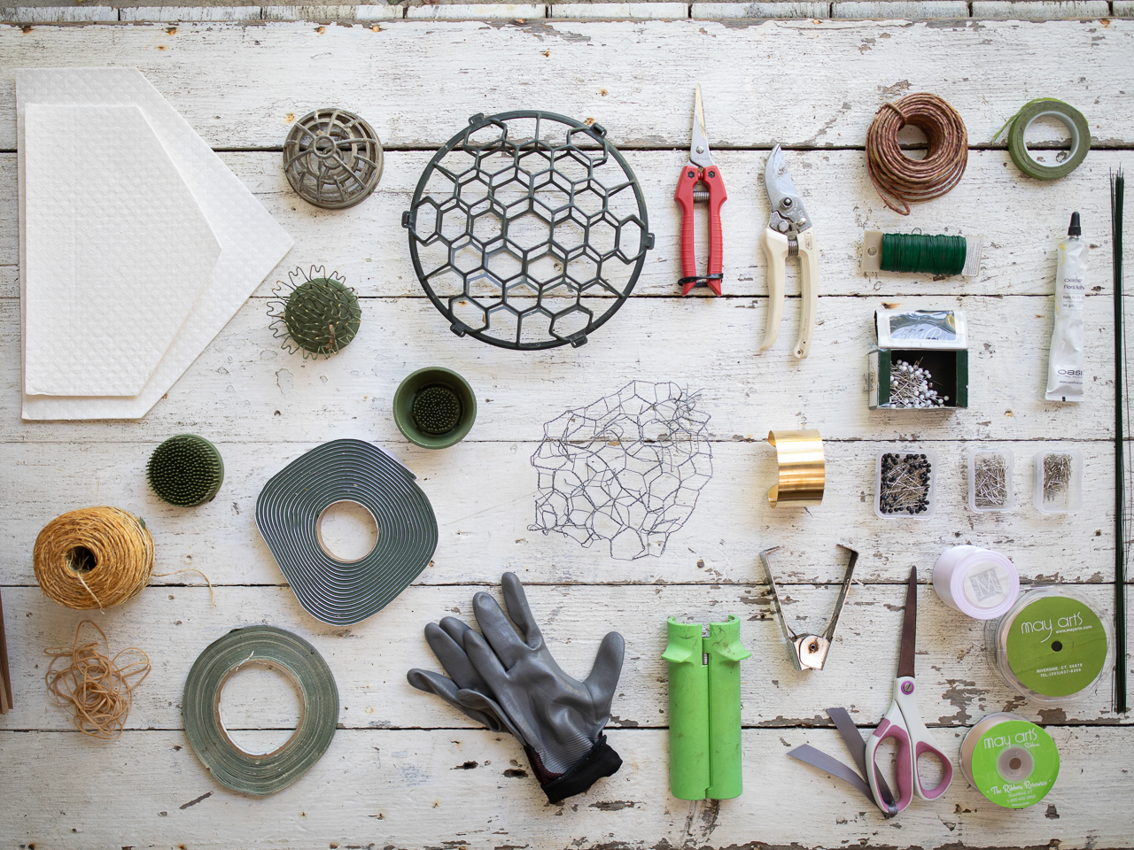 Overhead of floral design tools and supplies