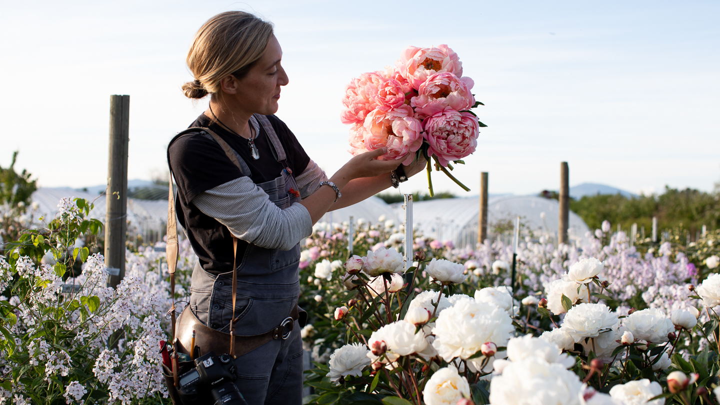 Erin with a bouquet of peonies in the Floret field