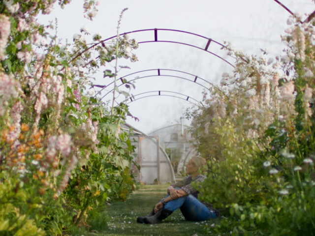 Erin Benzakein sitting in the cutting garden at Floret