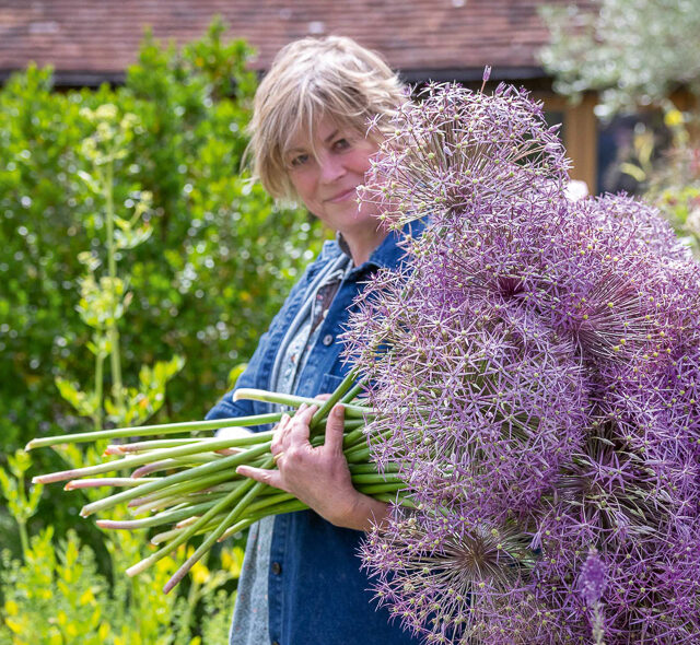 Sarah Raven with an armload of purple allium blooms.